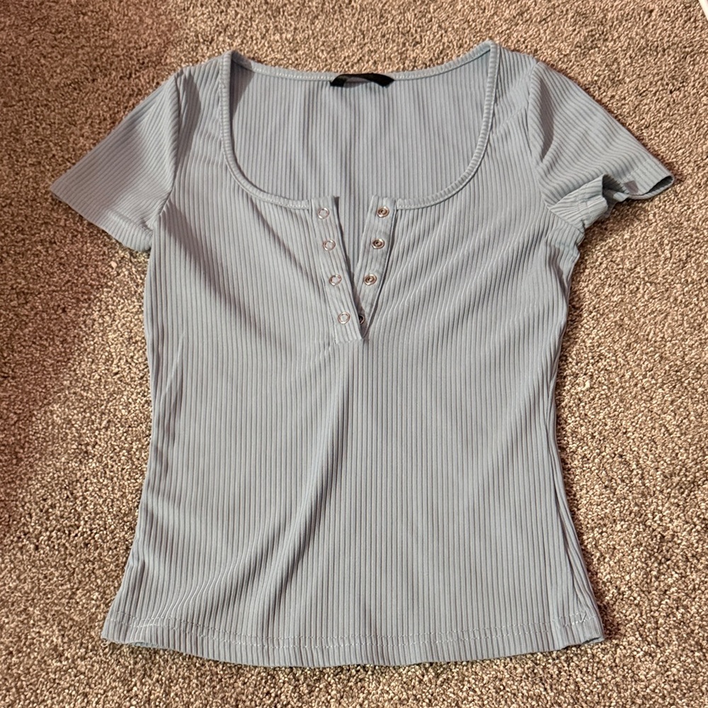 SHEIN Light Blue Ribbed Scoop Neck Short Sleeve Top